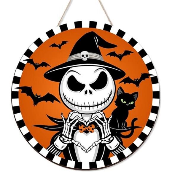 Halloween Decorations Jack Wreath Sign for Front Door Decor Spooky Bat Wood - Picture 8 of 8